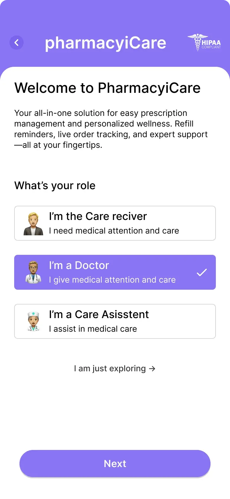 DaxP onboarding role selection screen for doctors