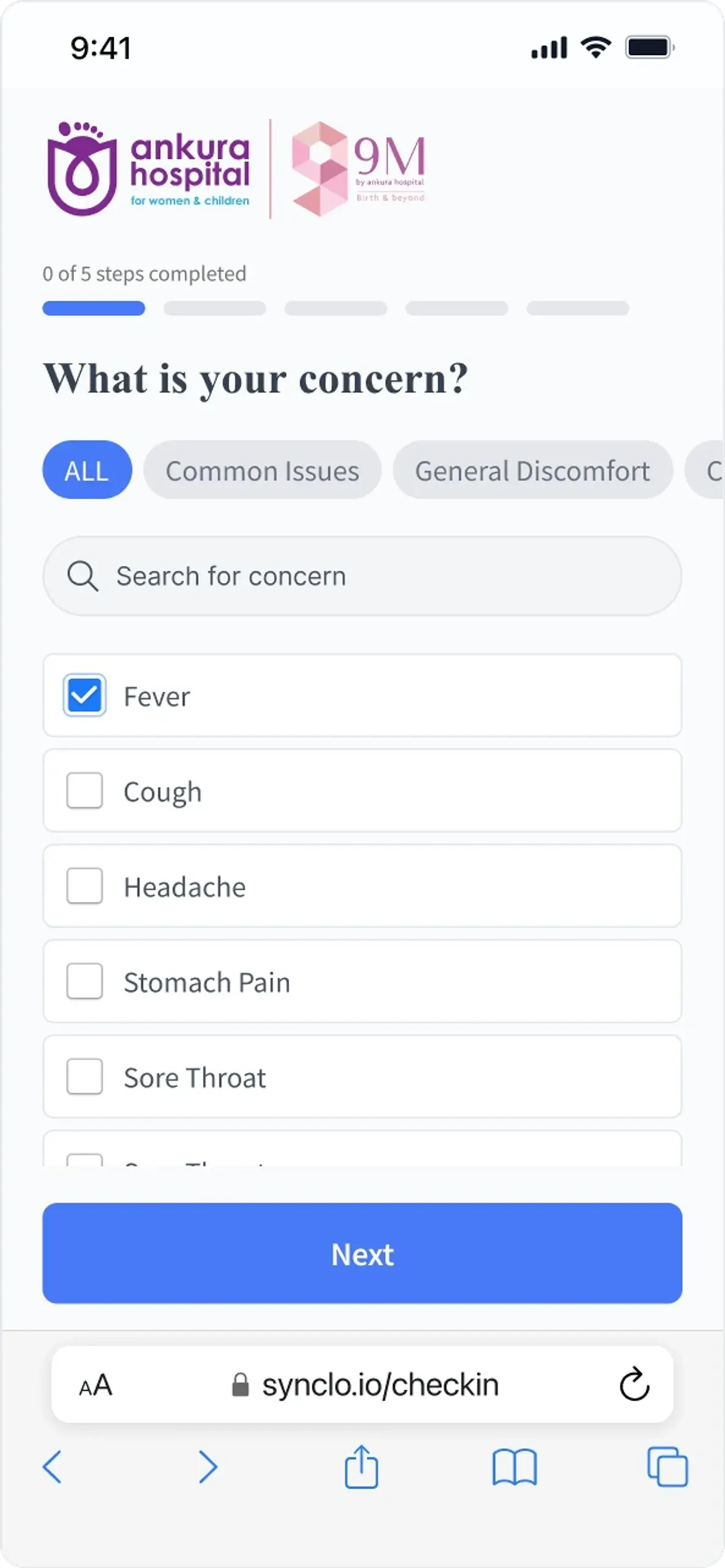 Check In asking what is your concern, with searchable categories and a checklist of common symptoms