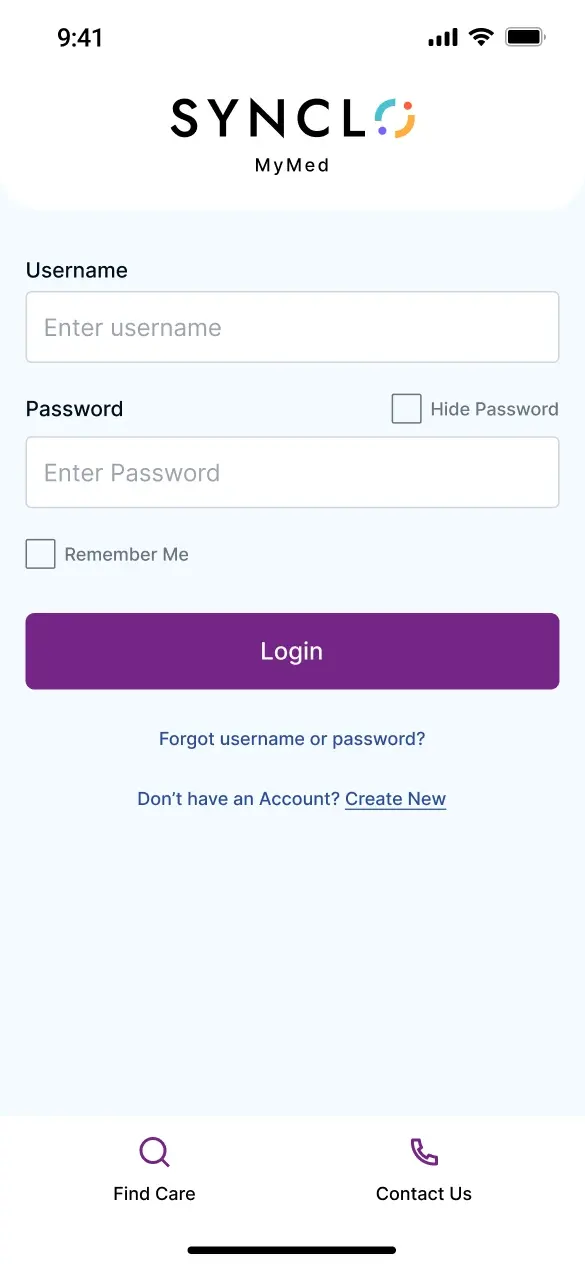 Synclo MyMed login screen with Find Care and Contact Us in the footer
