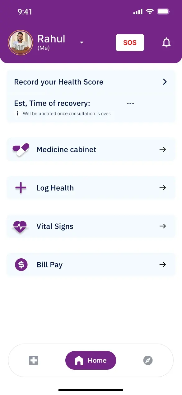 MyMed home with health score, medicine cabinet, log health, vital signs and bill pay