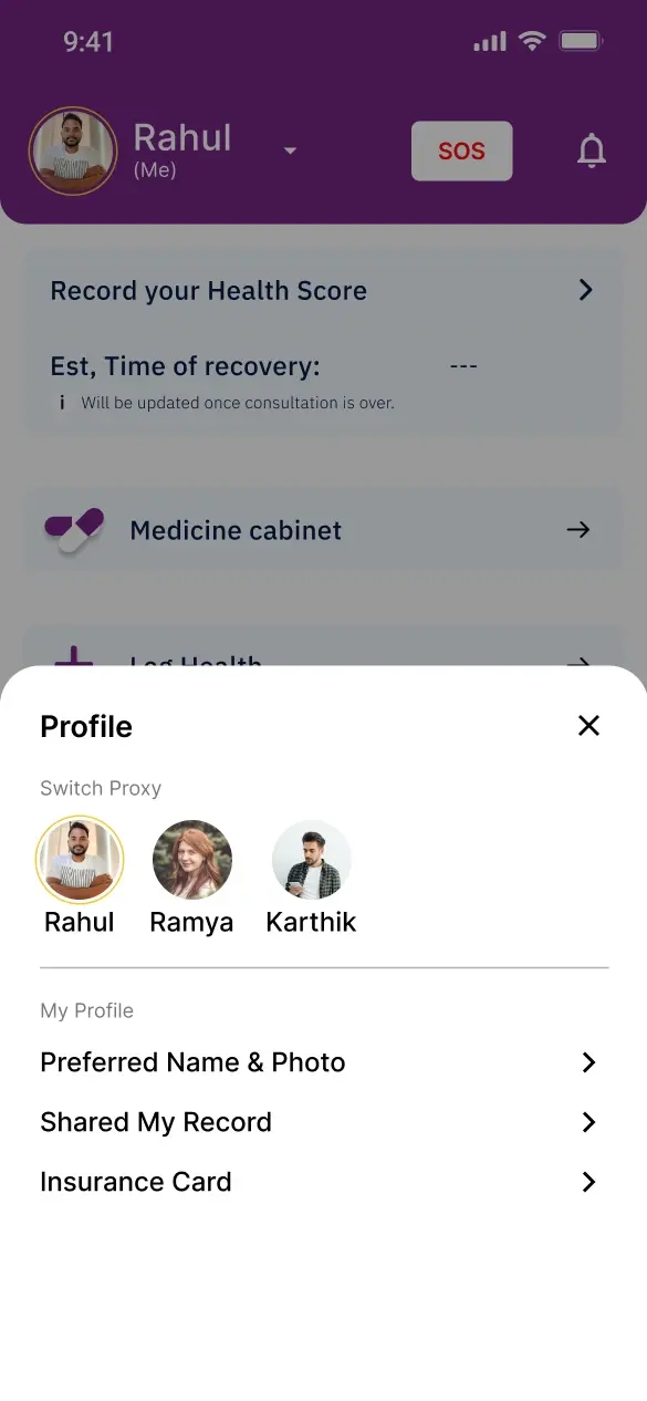 MyMed profile sheet offering a switch between Rahul, Ramya and Karthik
