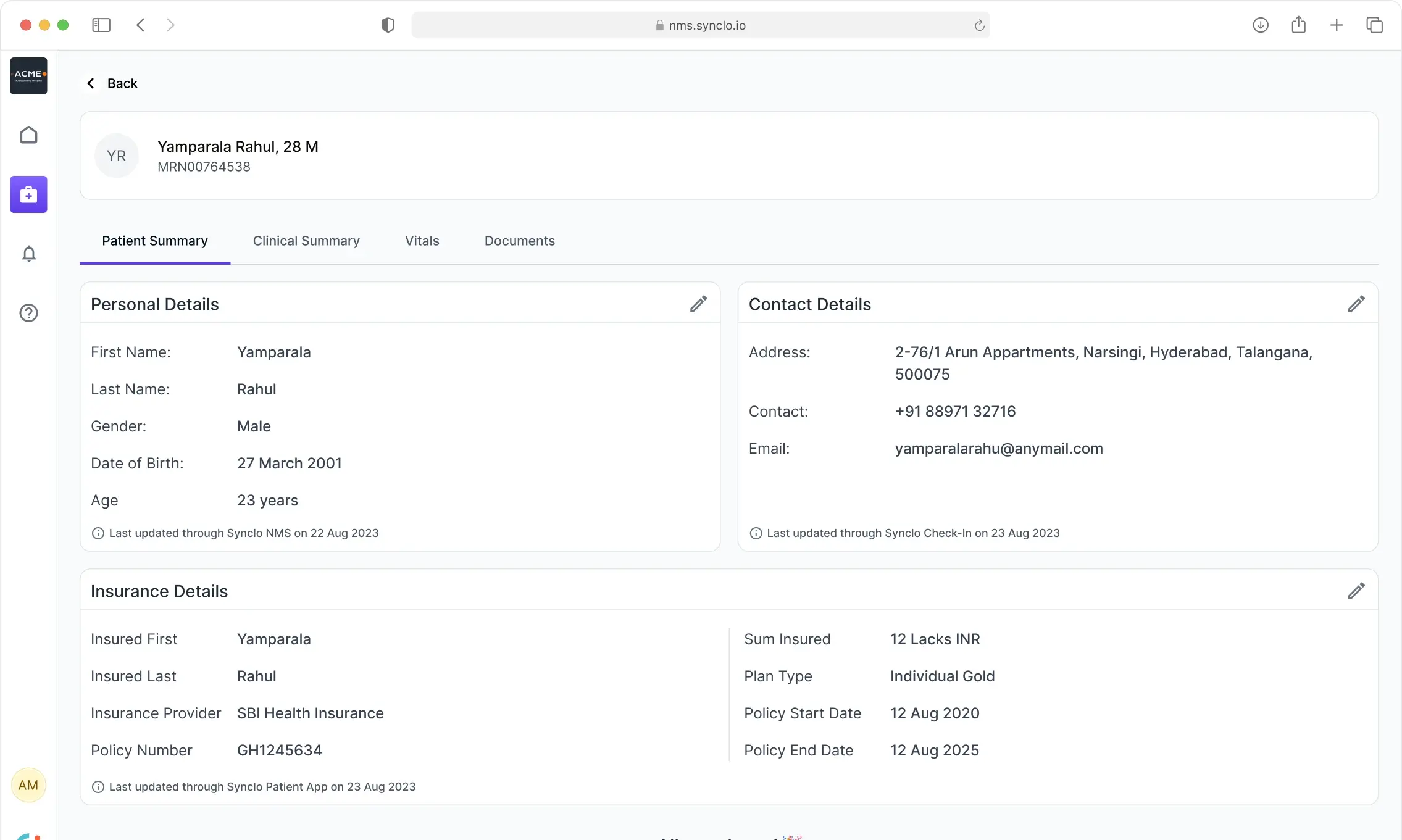 NMS patient summary where each block of details names the product that last updated it and when