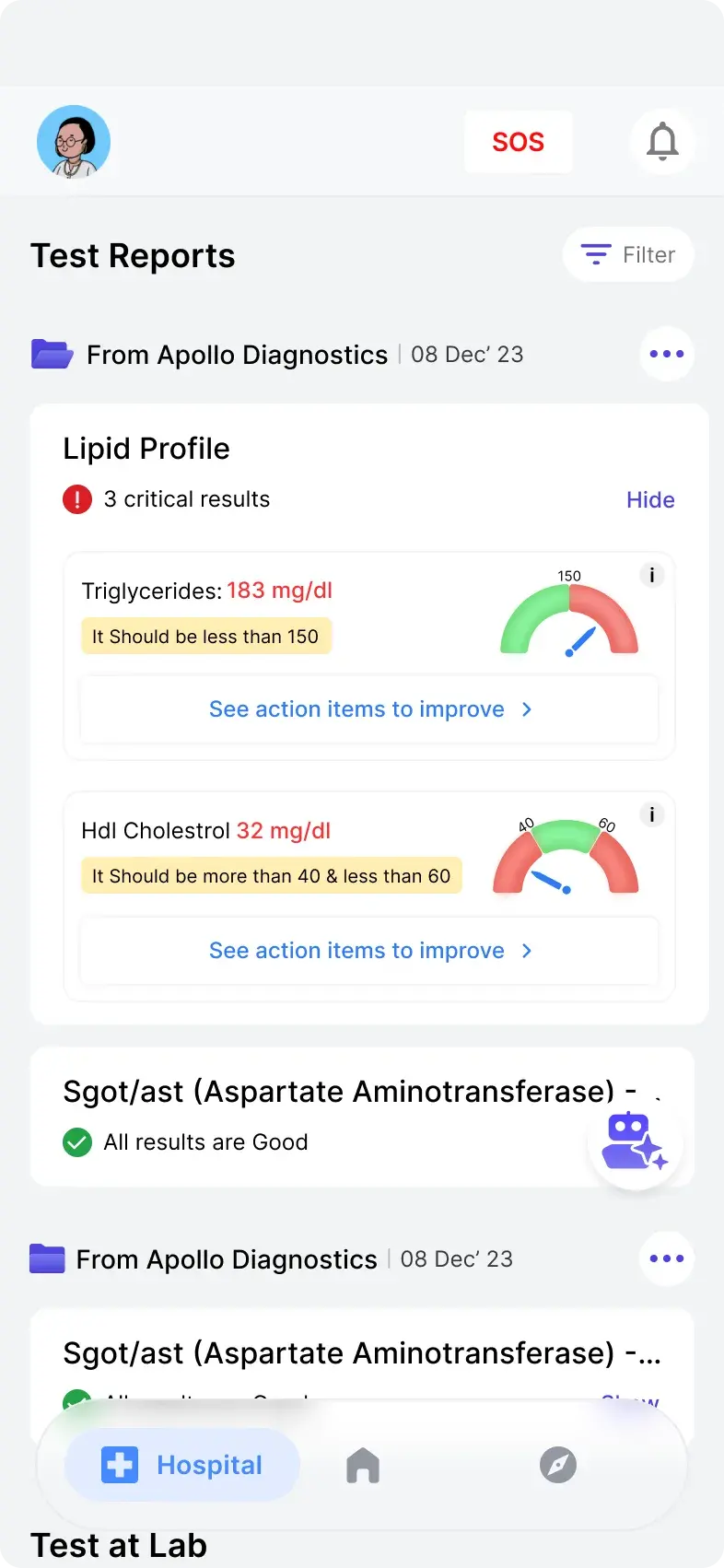 Patients App reports screen opened from the hospital screen