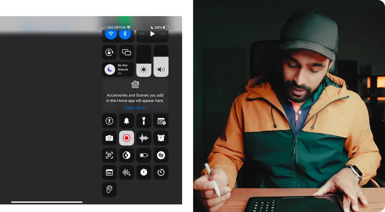 iPad Control Centre open with the screen recording button highlighted, beside a shot of the presenter drawing with an Apple Pencil