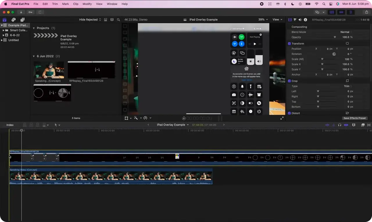 Final Cut Pro with the screen recording and the speaking video imported as two stacked clips on the timeline