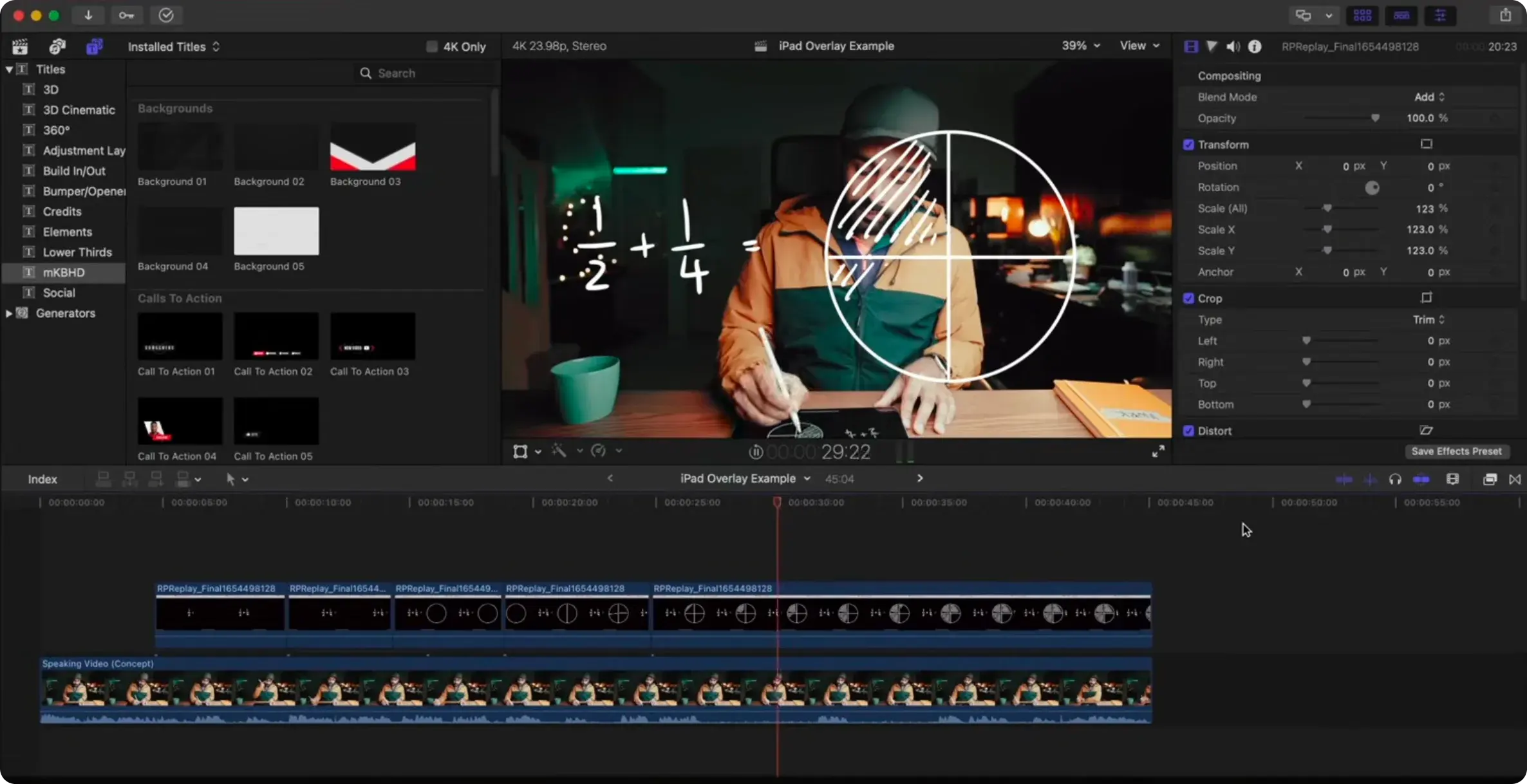 The full Final Cut Pro window with handwritten fractions and a shaded circle composited over the presenter, scale set to 123 percent