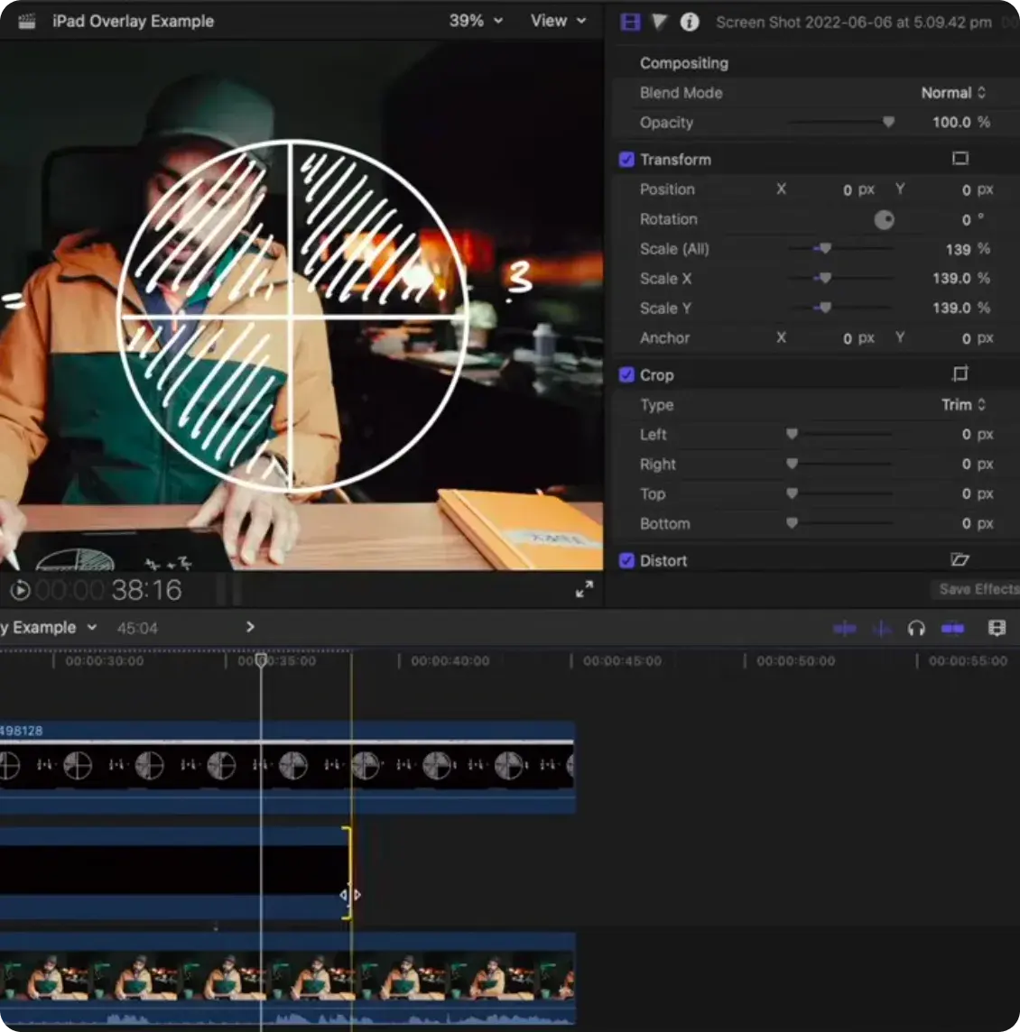The same composite with the inspector showing scale raised to 139 percent, the drawn circle now covering the presenter's face