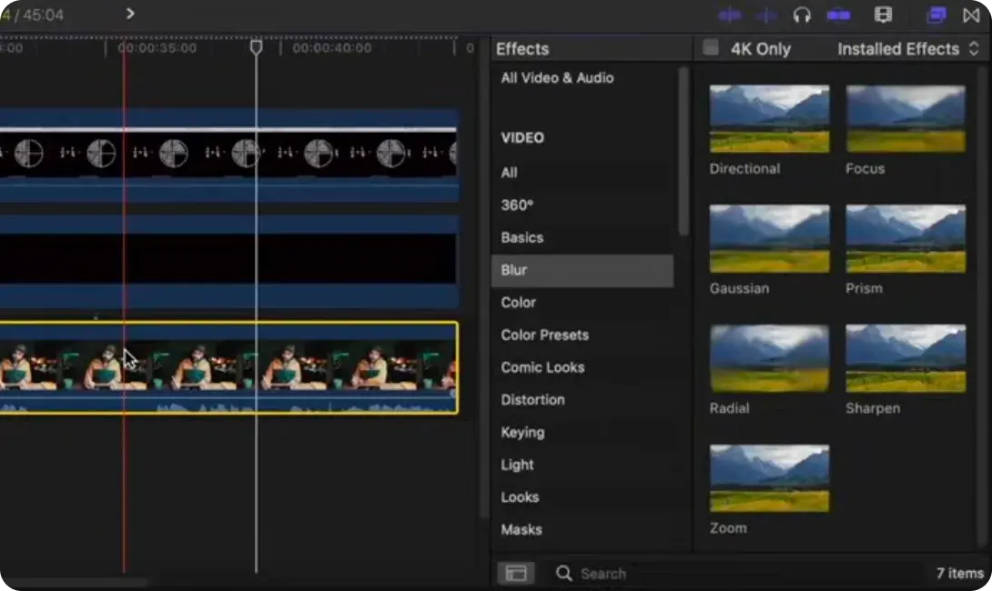 The Final Cut Pro effects browser filtered to Blur, with Gaussian among the options, and the speaking clip selected on the timeline