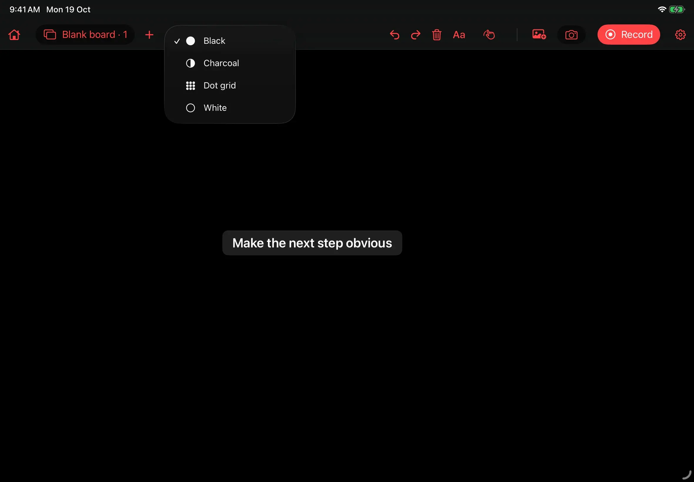 YamDraw: Board background choices: Black, Charcoal, Dot grid and White