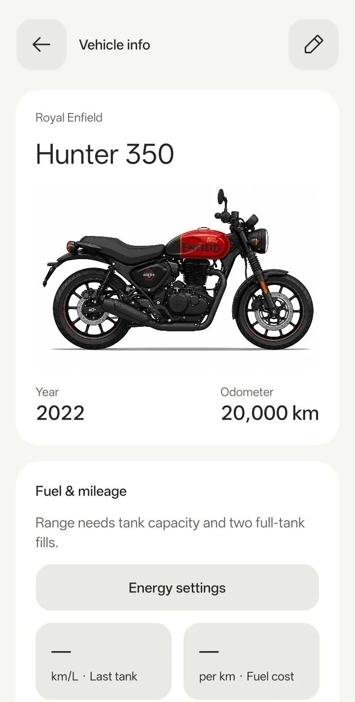 YamDrive's Vehicle info screen: Royal Enfield Hunter 350, year 2022, odometer 20,000 km, and a fuel and mileage card explaining that range needs tank capacity and two full-tank fills