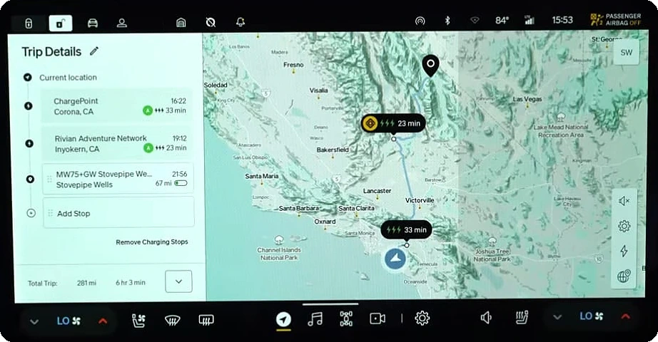 Rivian car screen: stops beside the map