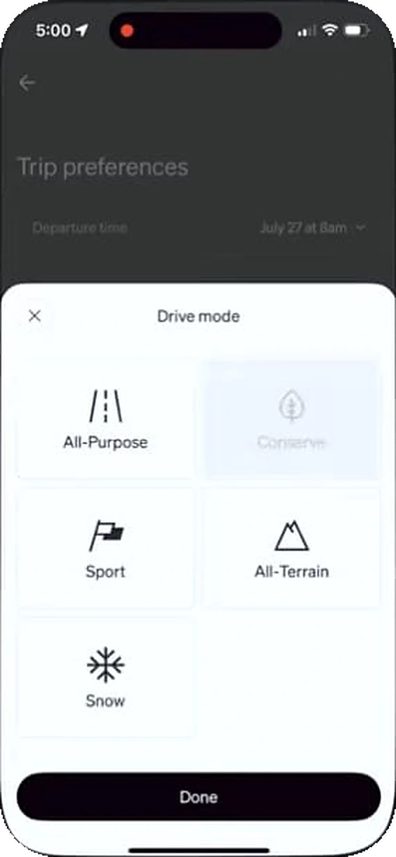 Rivian app: modes as tiles