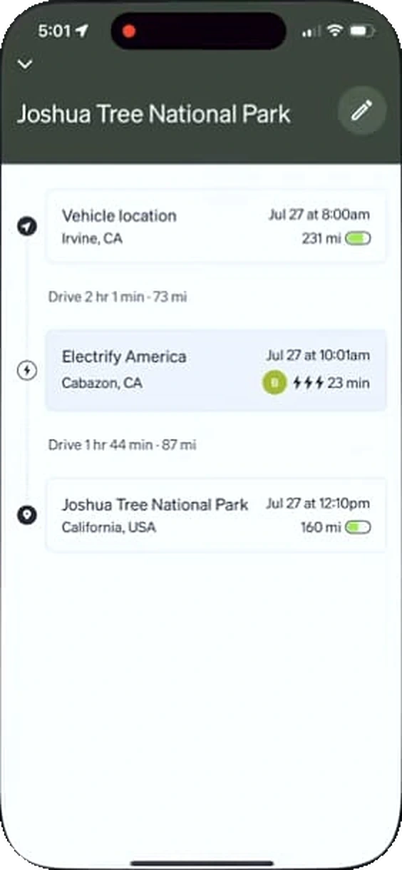 Rivian app: range at every stop