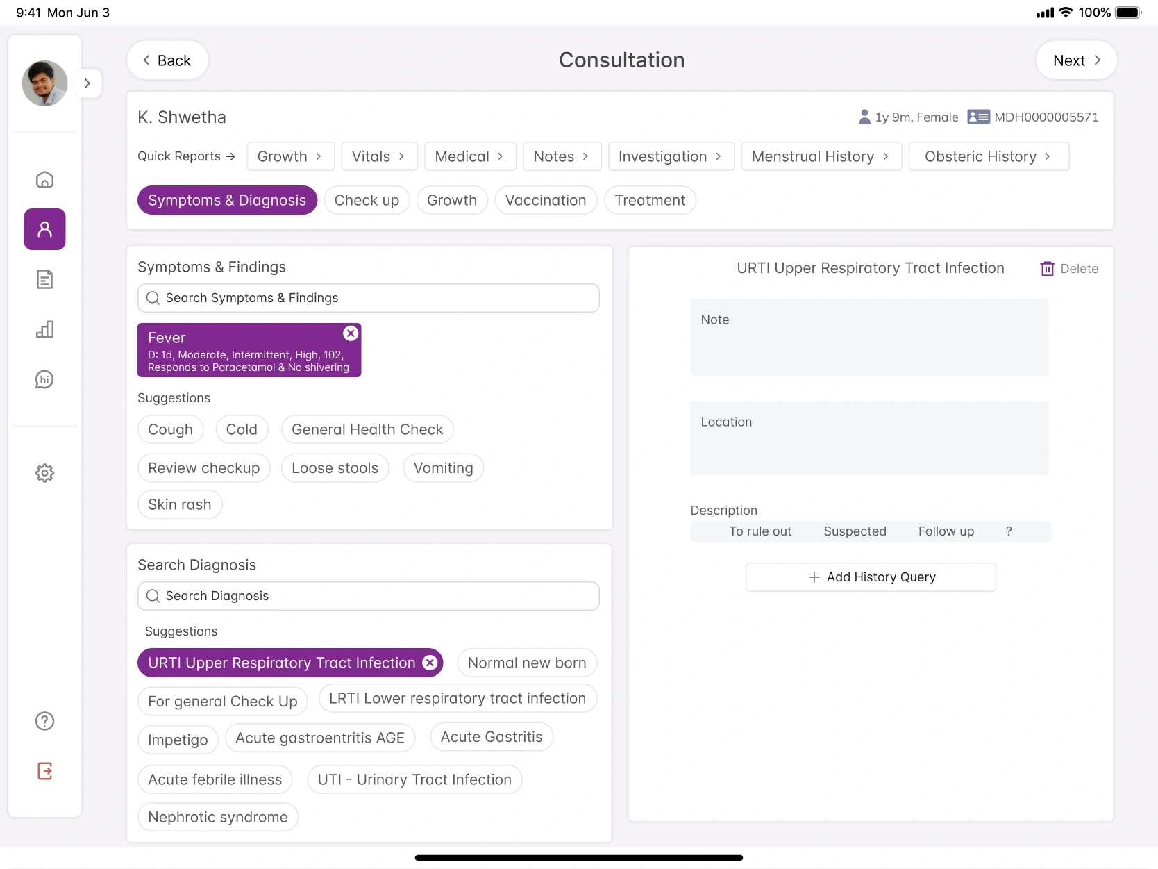 Consultation capture, with suggested symptoms and suggested diagnoses the doctor selects from, and a panel to mark each one as to rule out, suspected or follow up