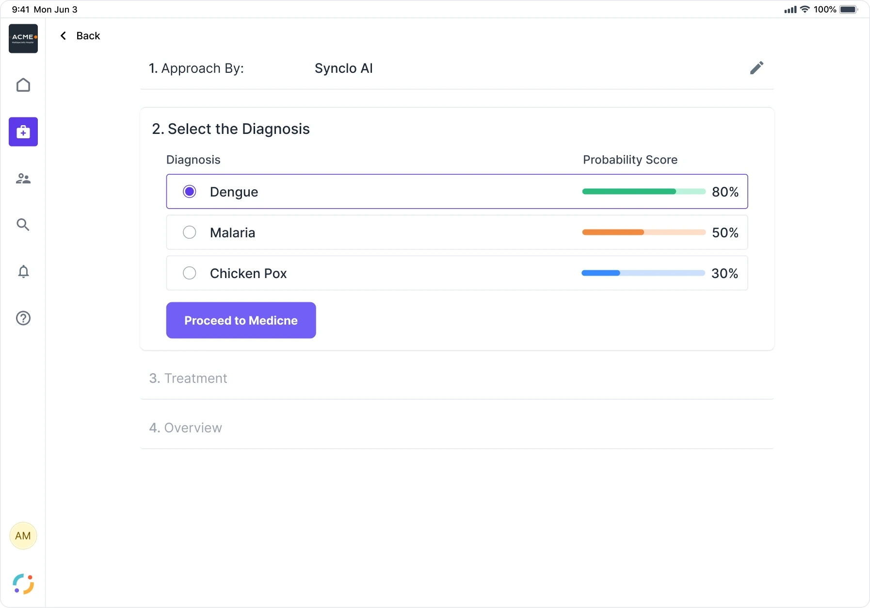 Three candidate diagnoses from Synclo AI with probability scores of 80, 50 and 30 percent, as radio options the doctor must choose between before treatment unlocks