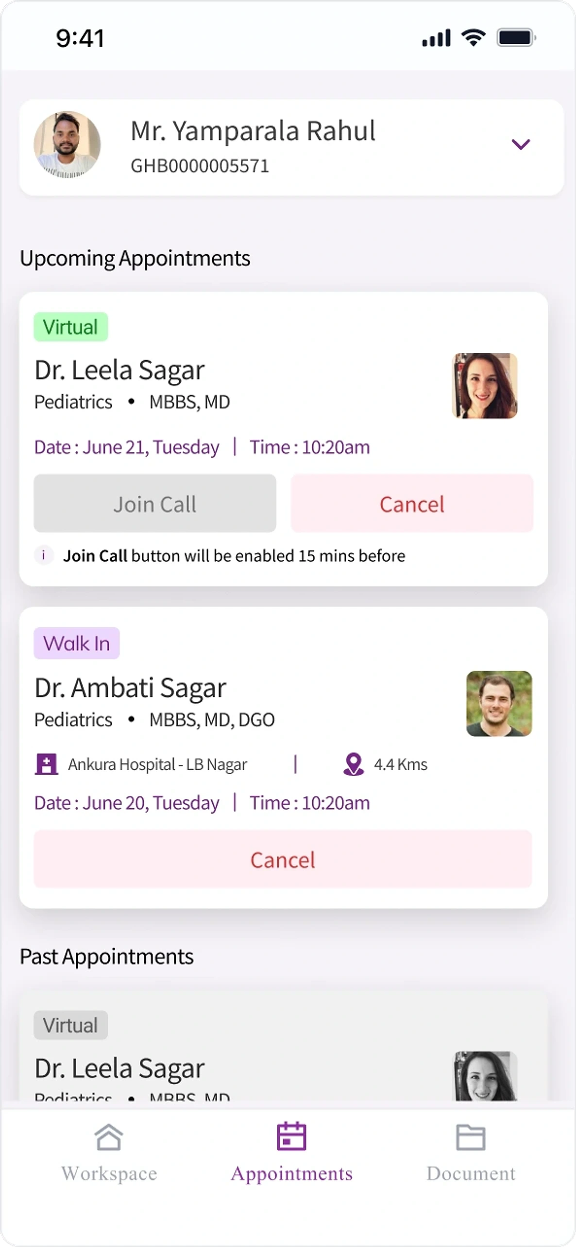 Upcoming appointments marked virtual or walk-in, with a join-call control that says it enables fifteen minutes before, above past appointments