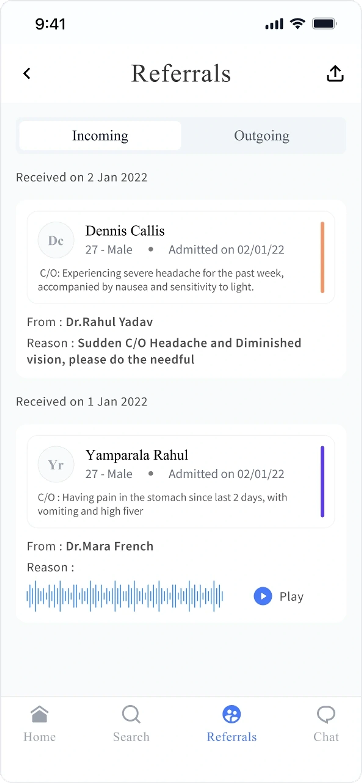 The referrals list in the Synclo doctor phone app
