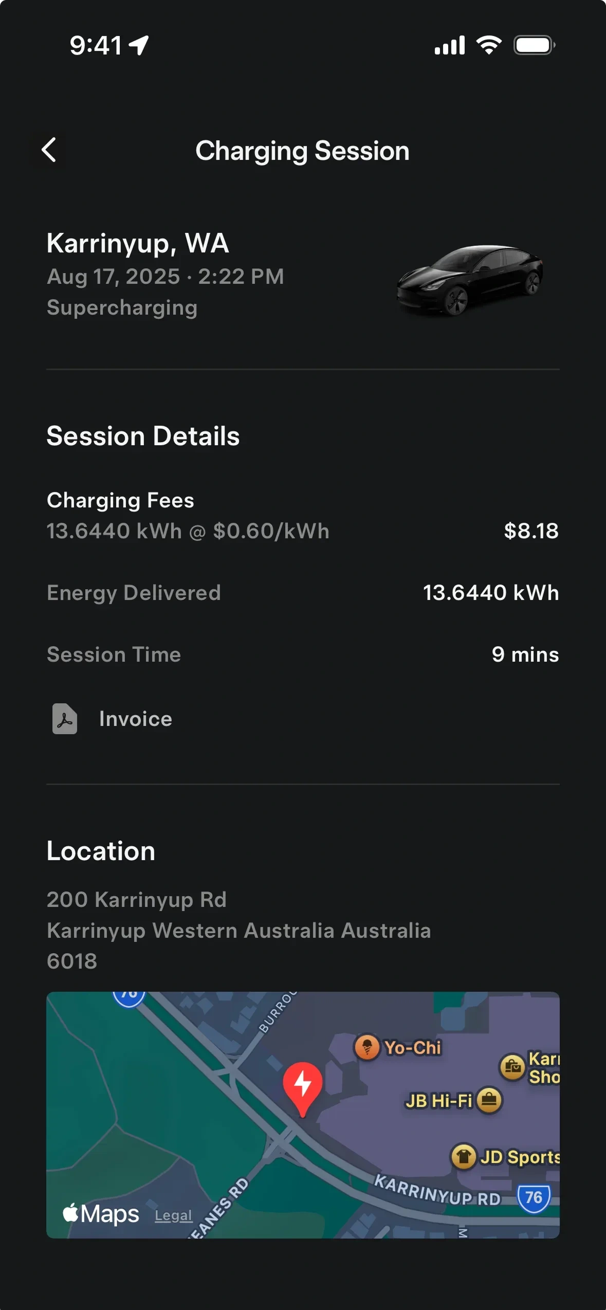 Tesla app: a session as a receipt