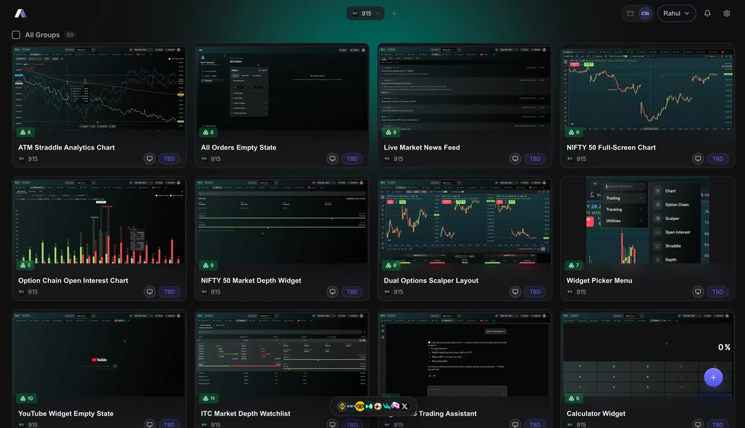 AgentUX catalogue on desktop, 50 groups of labelled trading-app screens with every card still marked TBD for review