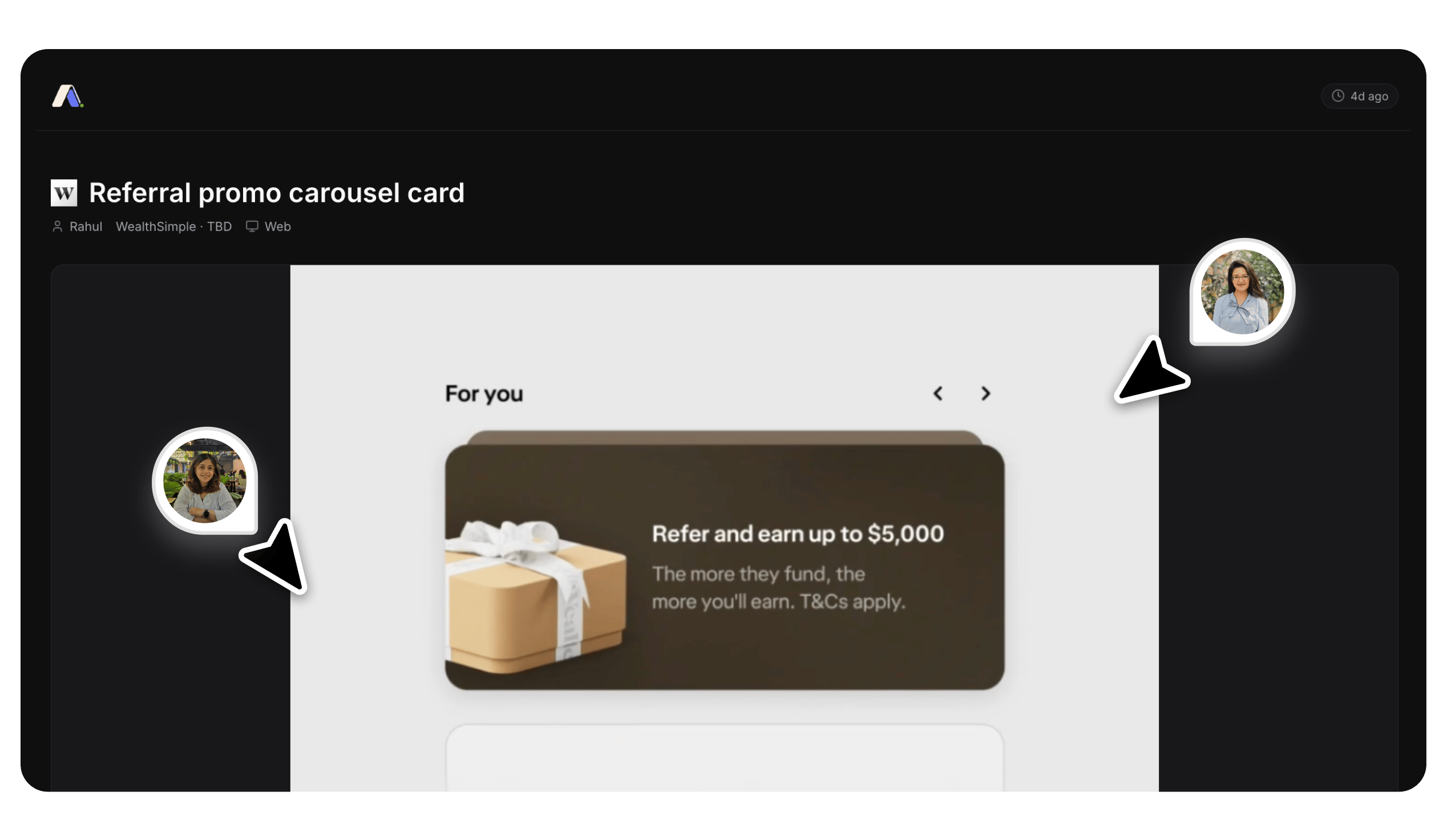 AgentUX public URL preview showing a Wealthsimple reference card with metadata, screenshot, collaborator avatars, and cursor markers