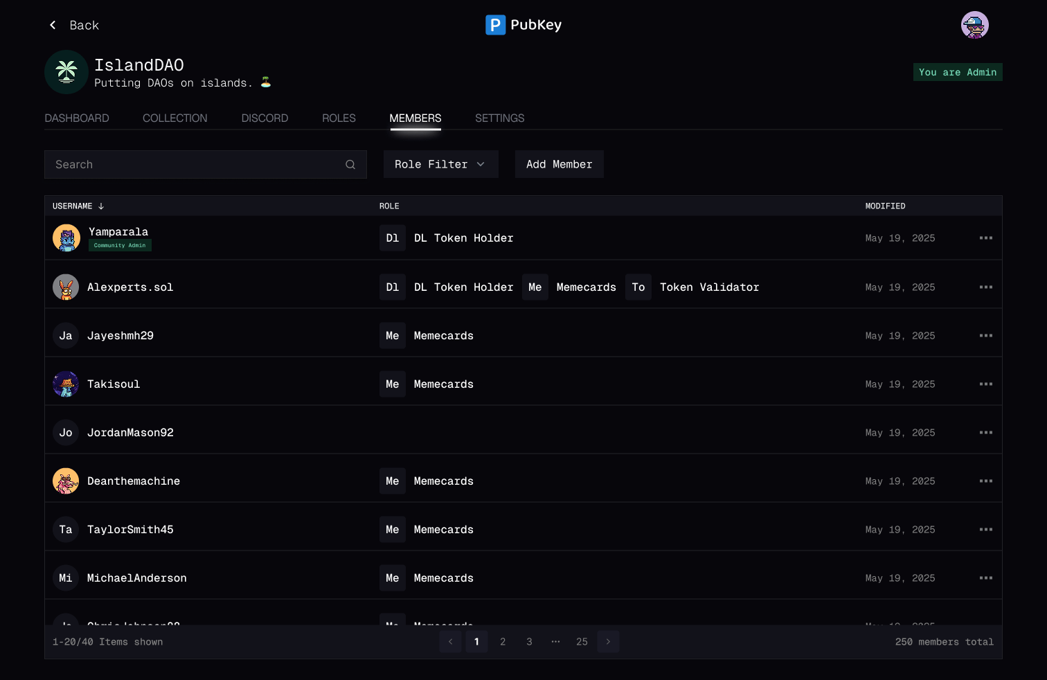 Pubkey community member management interface