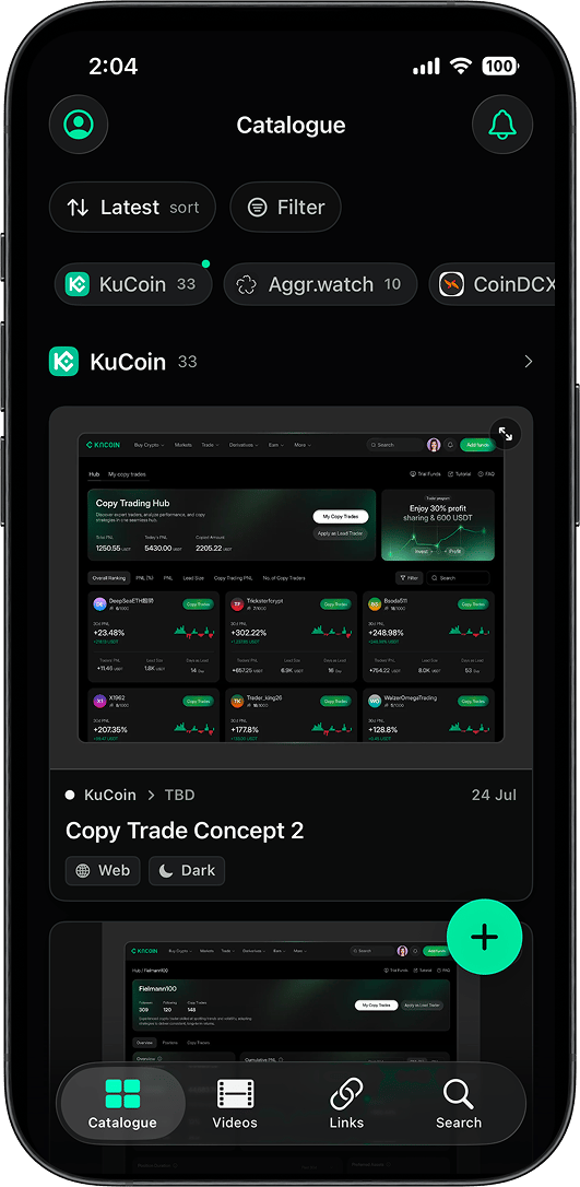AgentUX catalogue on iOS, showing KuCoin and Aggr.watch groups