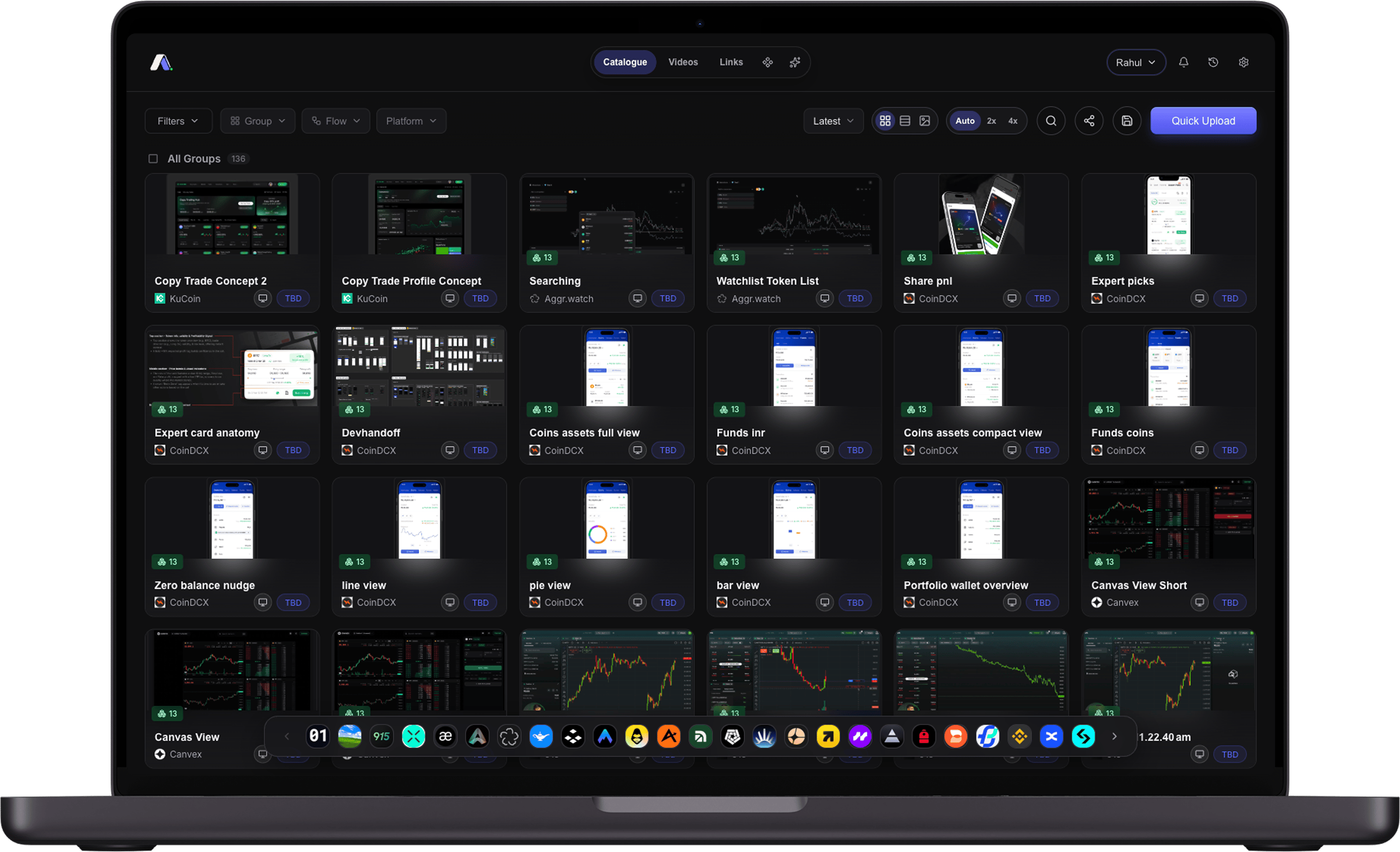 AgentUX catalogue on desktop, 136 grouped references from KuCoin, CoinDCX, Aggr.watch and Canvex