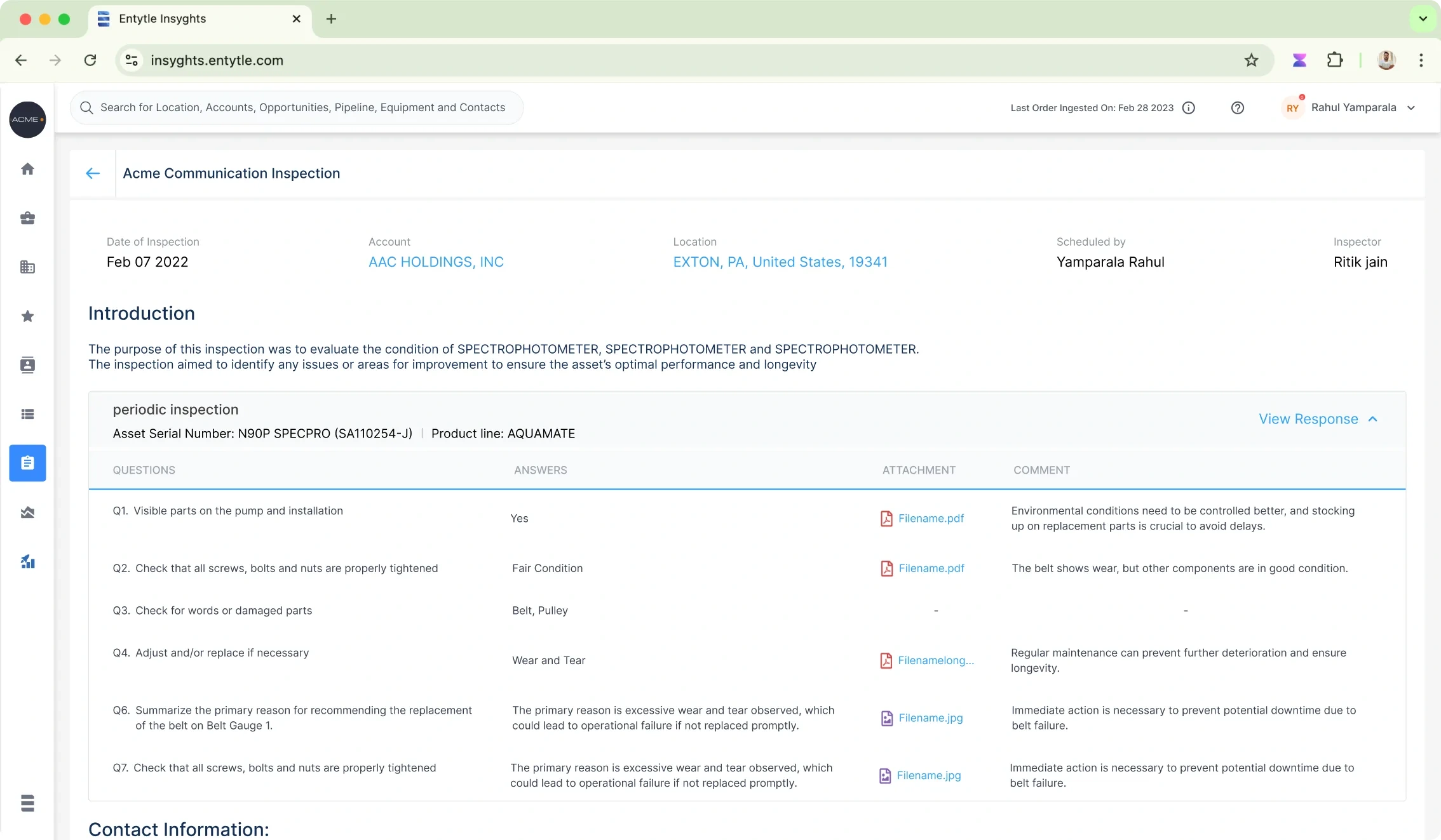 An inspection report in Entytle Insyghts showing date, account, location, who scheduled it and who inspected, an introduction paragraph, and a table of every question with its answer, an attached file, and the inspector's comment