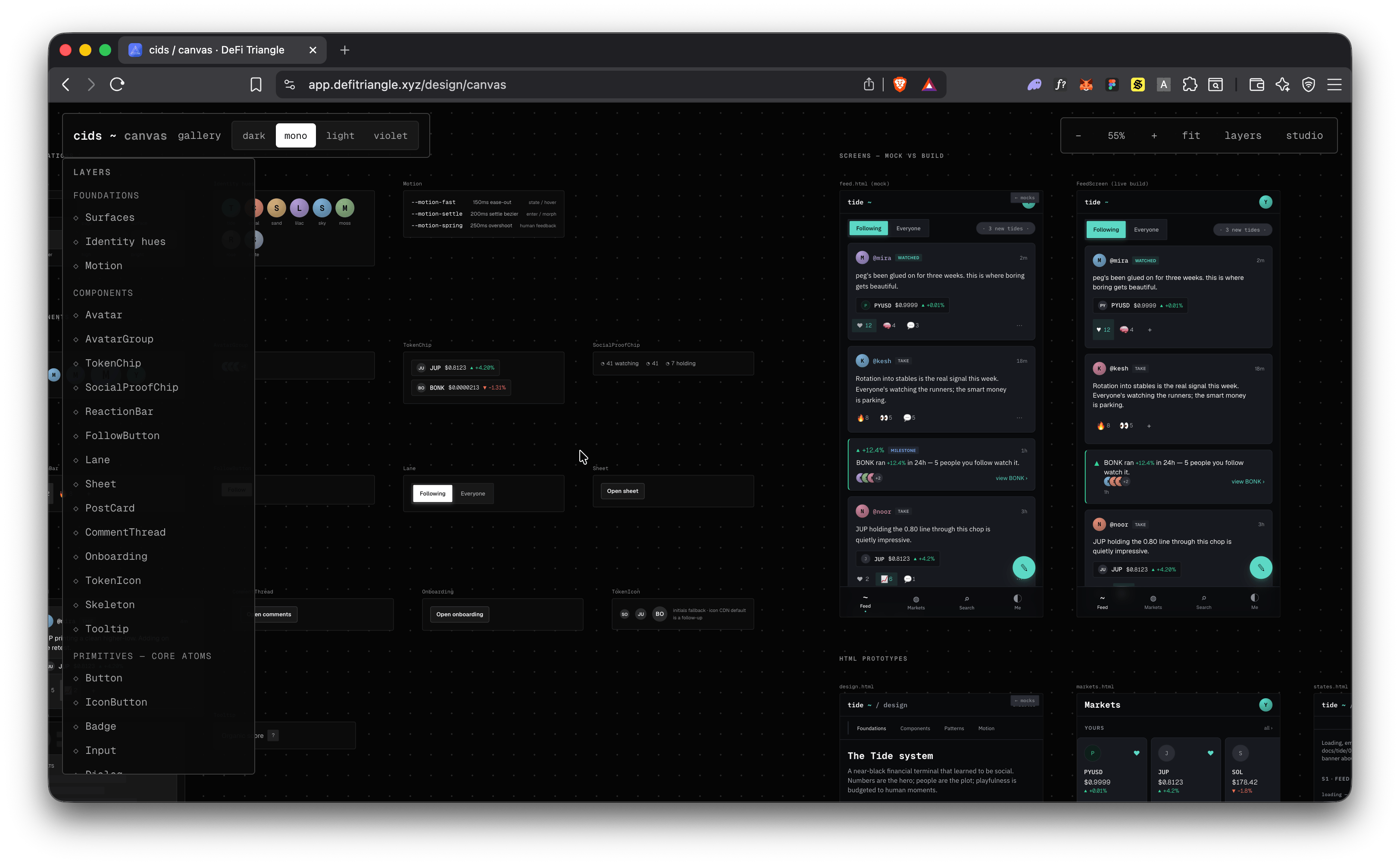 DeFi Triangle canvas showing crypto design-system layers, token chips, social trading cards, and mock versus build screens
