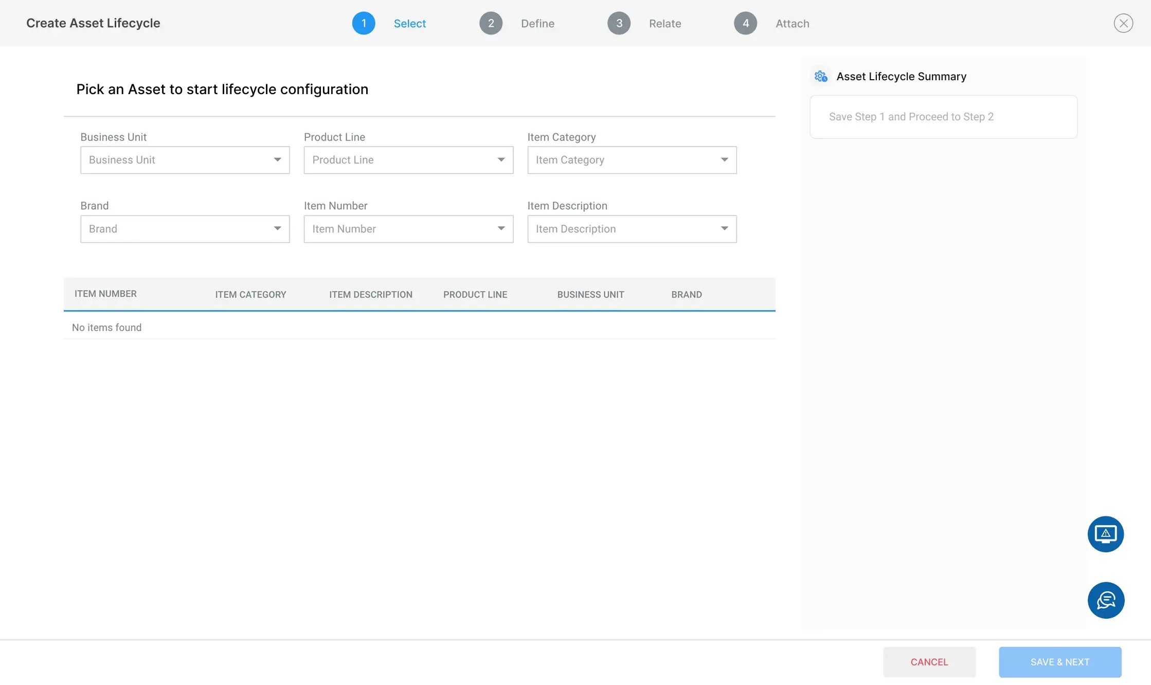 Step one of the Create Asset Lifecycle wizard, picking an asset by business unit, product line, item category, brand, item number and description
