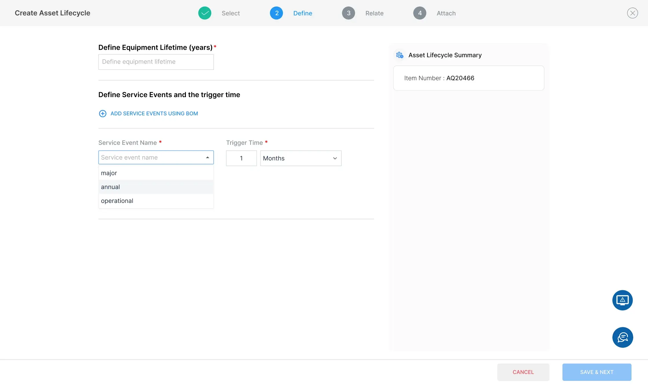 Step two, defining equipment lifetime in years and naming service events as major, annual or operational with a trigger time in months, with an option to add service events from the bill of materials