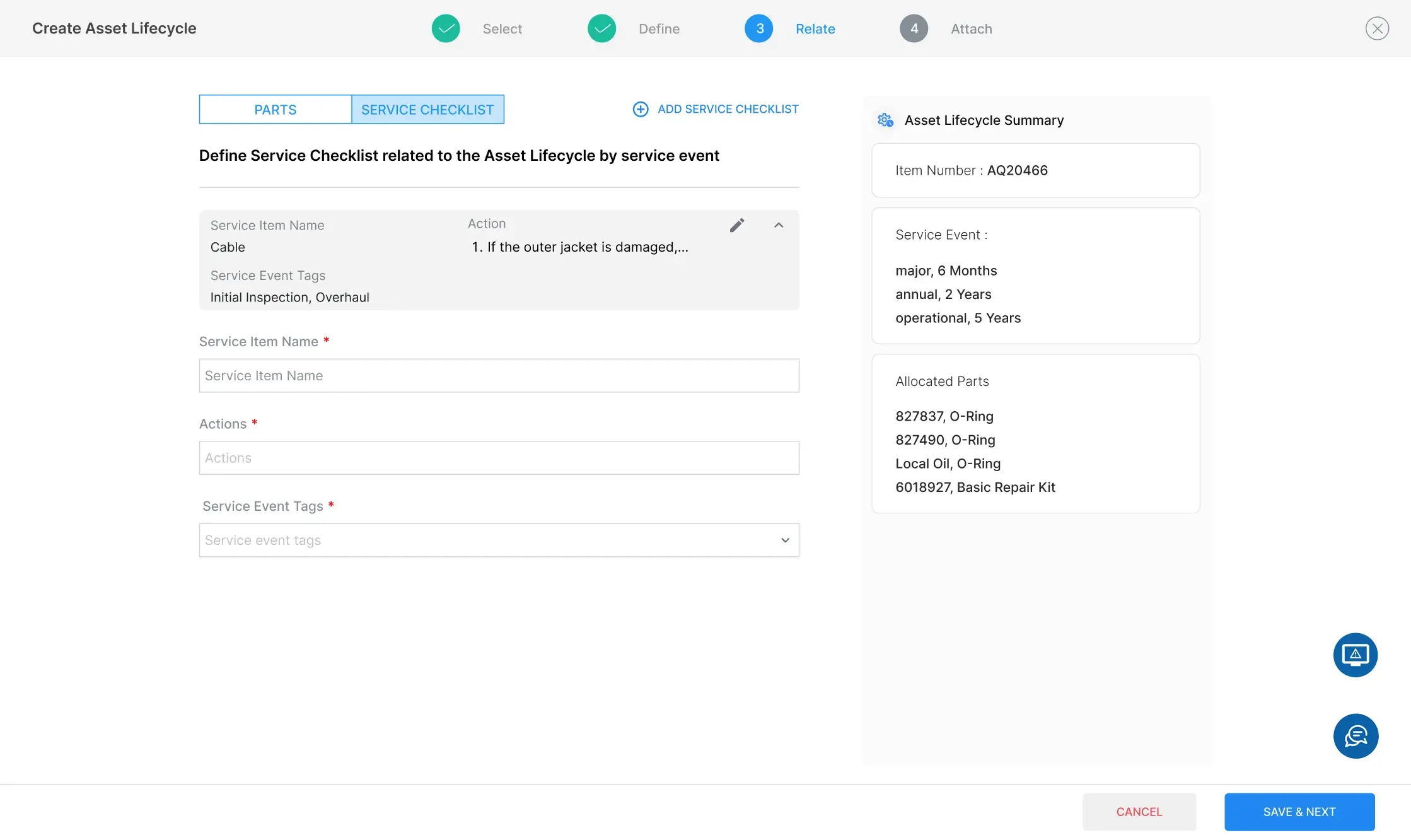 Step three on its Service Checklist tab, with a saved item for Cable carrying its action text and the service event tags it applies to