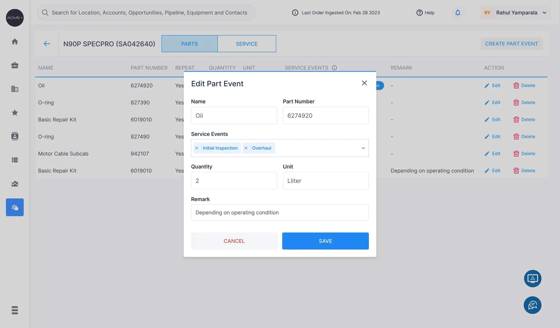 An Edit Part Event dialog for oil, with the service events it belongs to as removable chips, its quantity and unit, and a remark reading depending on operating condition