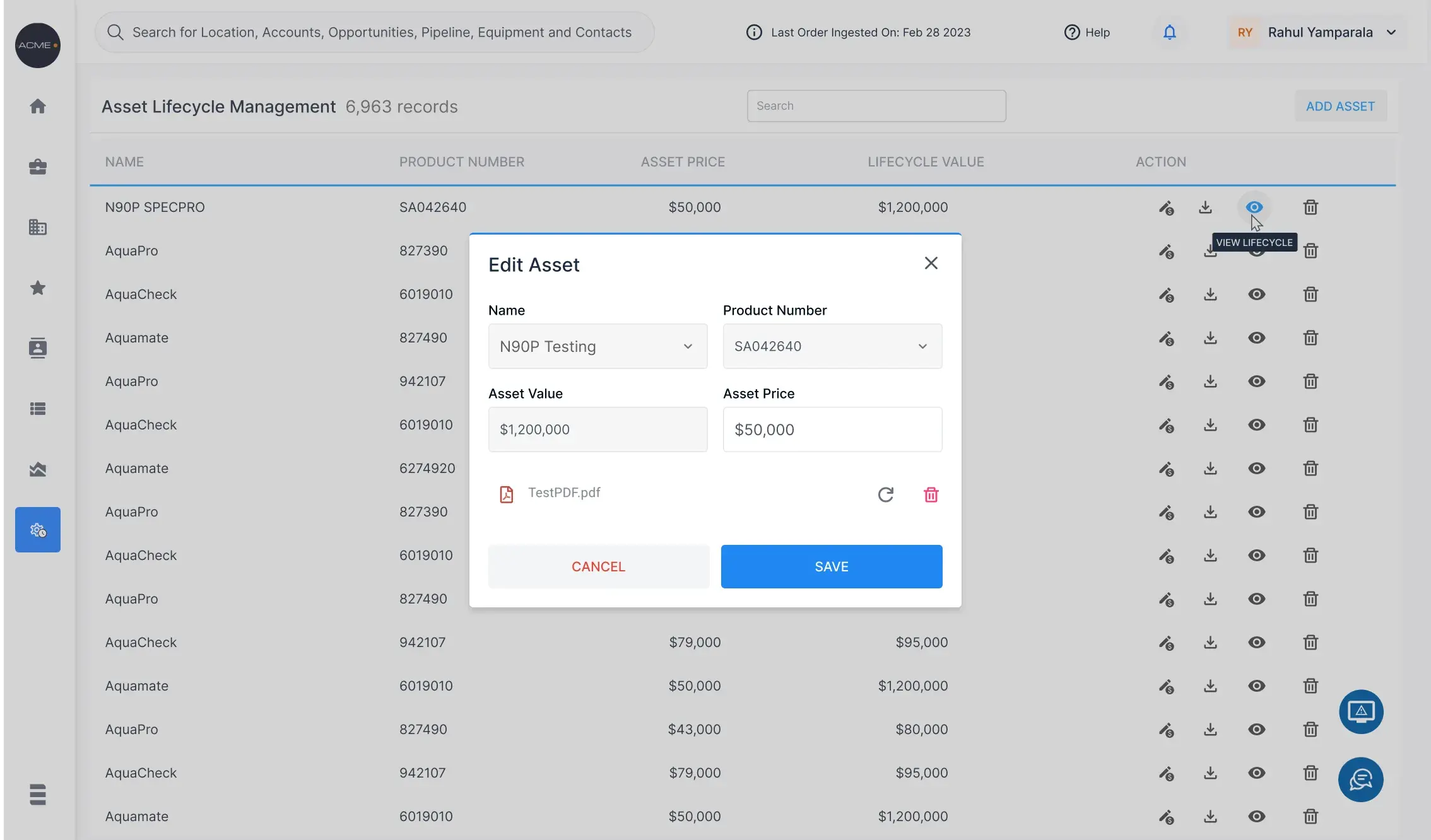 An Edit Asset dialog carrying the asset name and product number, its asset value beside its asset price, and the attached manual