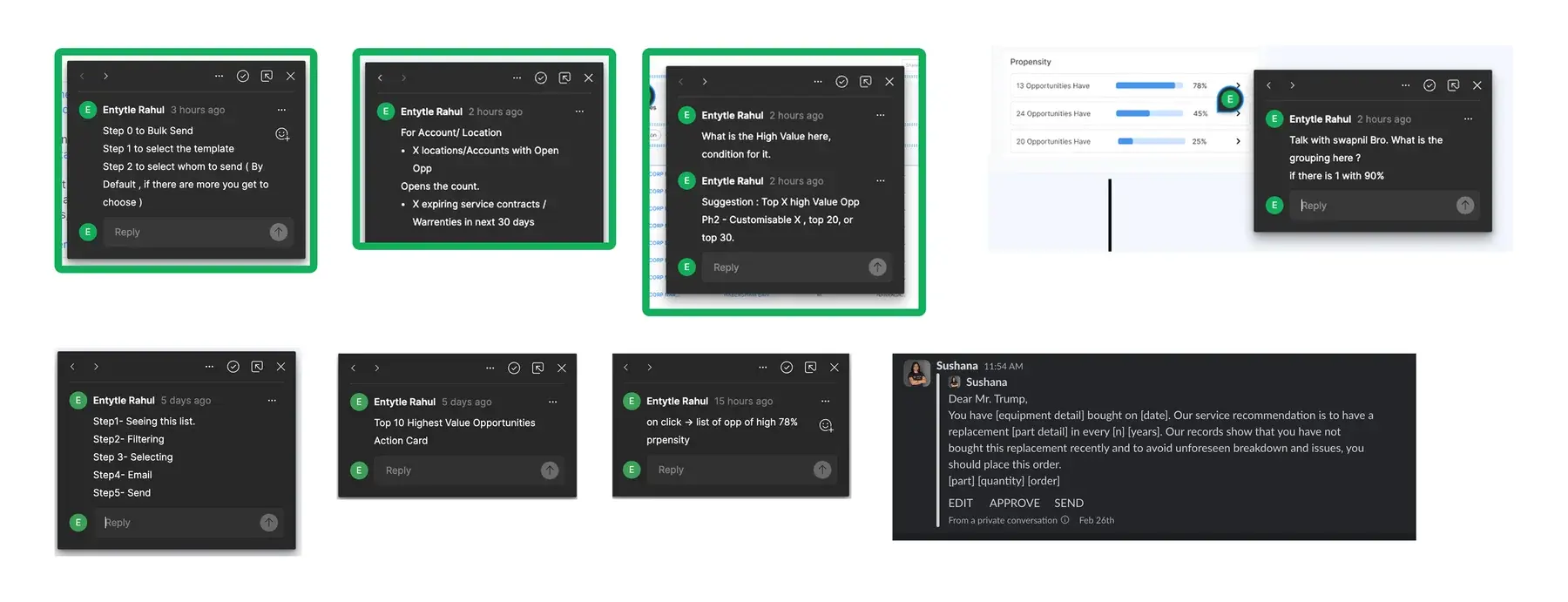 Design file comments numbering the bulk send flow step by step, questioning how high value is defined, proposing a customisable top X for a second phase, and a returned email draft carrying edit, approve and send actions