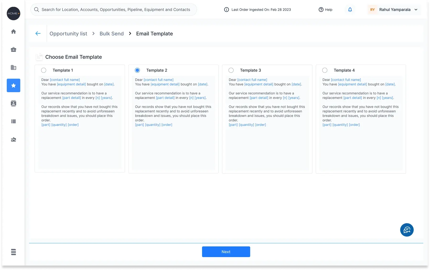 The Choose Email Template step of bulk send, with four selectable templates whose merge fields are shown as visible bracketed tokens, under an Opportunity list, Bulk Send, Email Template breadcrumb