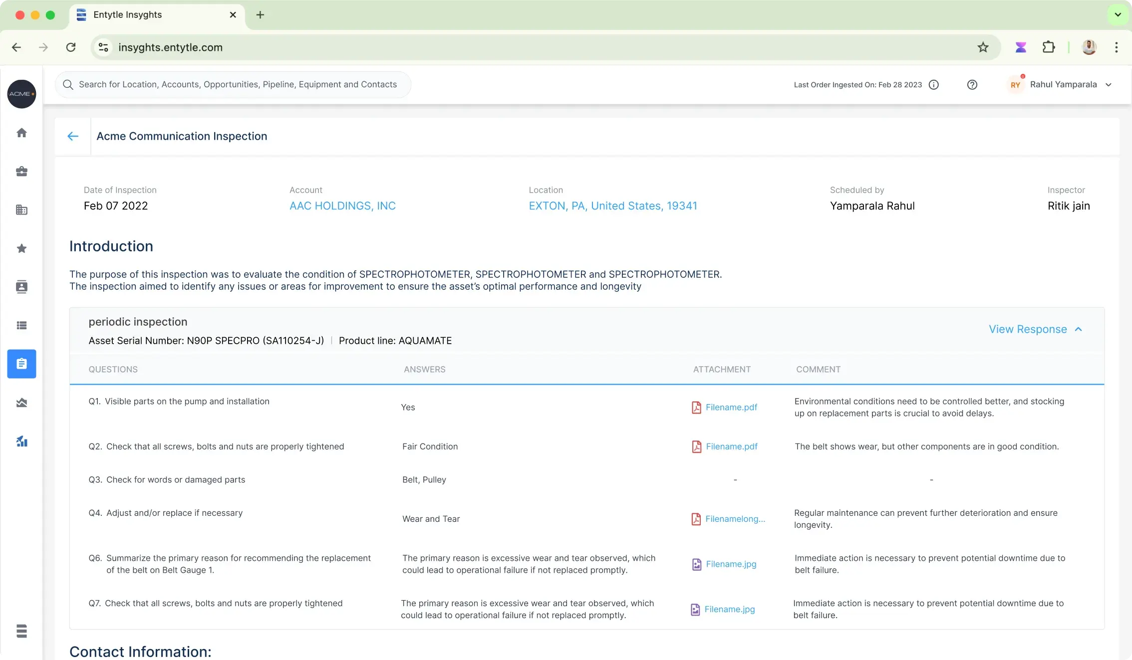 An inspection report in Entytle Insyghts showing date, account, location, who scheduled it and who inspected, an introduction paragraph, and a table of every question with its answer, an attached file, and the inspector's comment