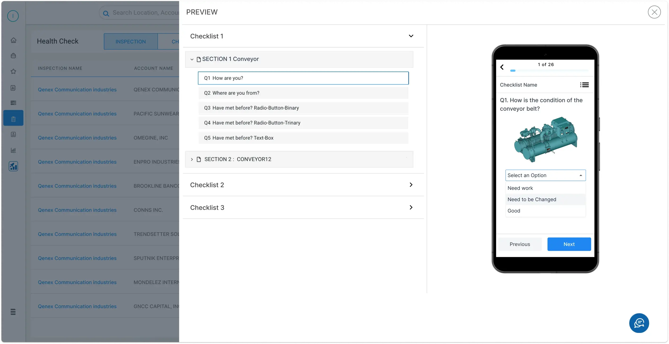 A preview panel opened over the inspection list, showing three checklists attached to one inspection, the sections and questions inside the first, and a phone preview with a dropdown of answers open on need work, need to be changed, and good