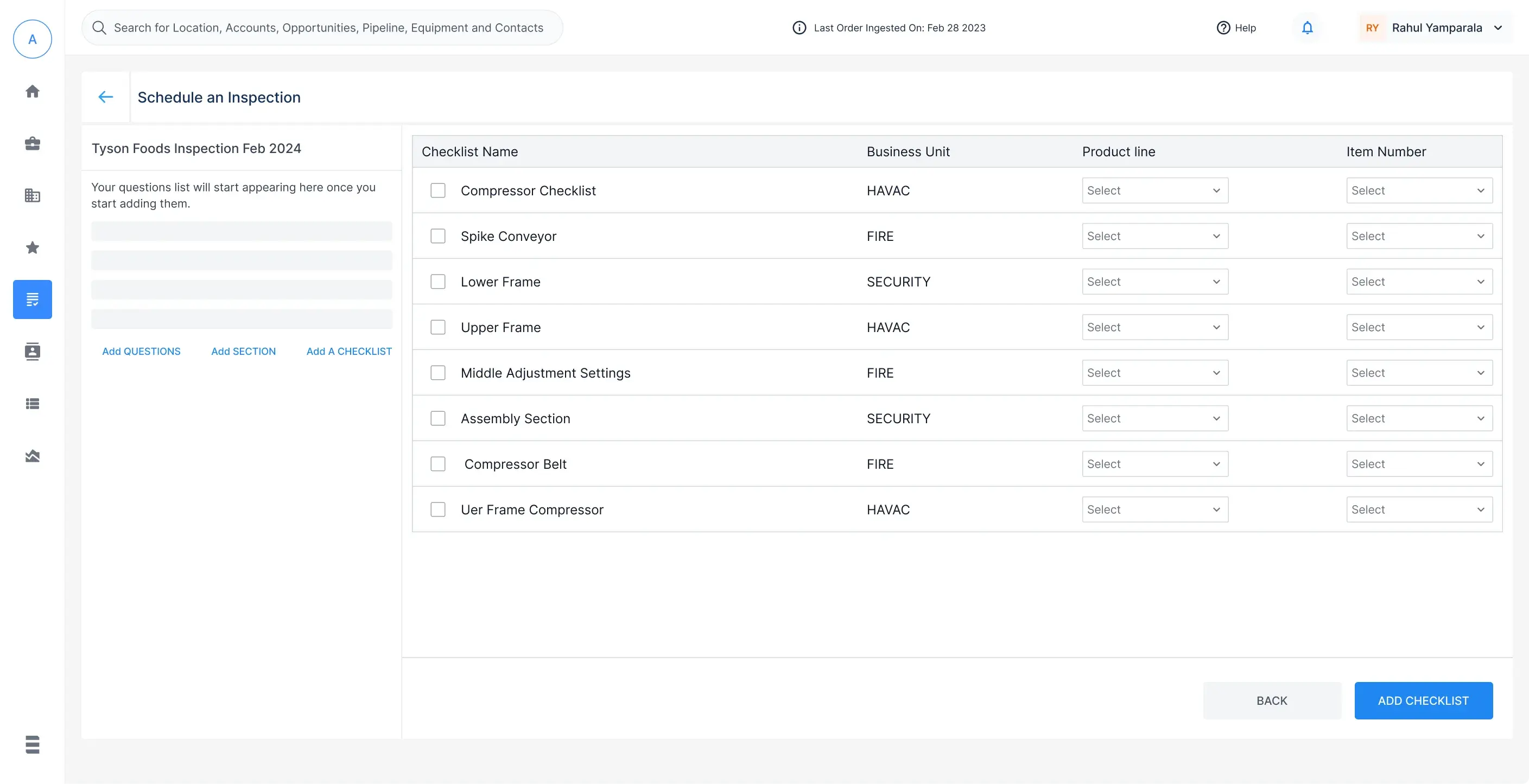 Scheduling an inspection named Tyson Foods Inspection Feb 2024, with a library of eight reusable checklists listed by business unit and a product line and item number selector on each row, beside an empty questions panel explaining that the list fills in as checklists are added