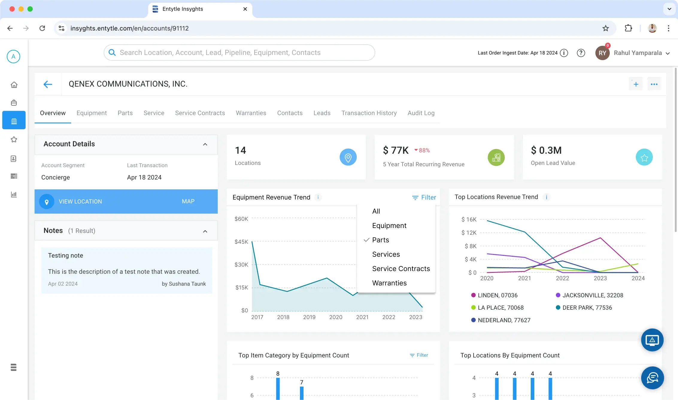 An account overview in Entytle Insyghts with tabs for overview, equipment, parts, service, service contracts, warranties, contacts, leads, transaction history and audit log, showing account segment and last transaction, cards for locations, five year recurring revenue and open lead value, and revenue and equipment count charts by category and location