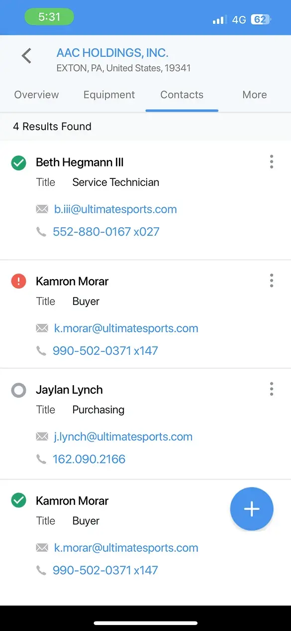 The same contacts on a phone, scoped to one account, with the verified, bad and unknown status as a coloured dot beside each name, and title, email and phone under it