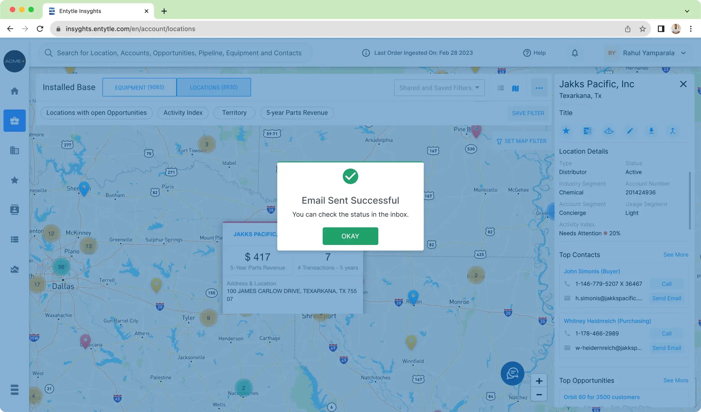 A confirmation dialogue reading email sent successful, with a line saying the status can be checked in the inbox, over the map and location panel