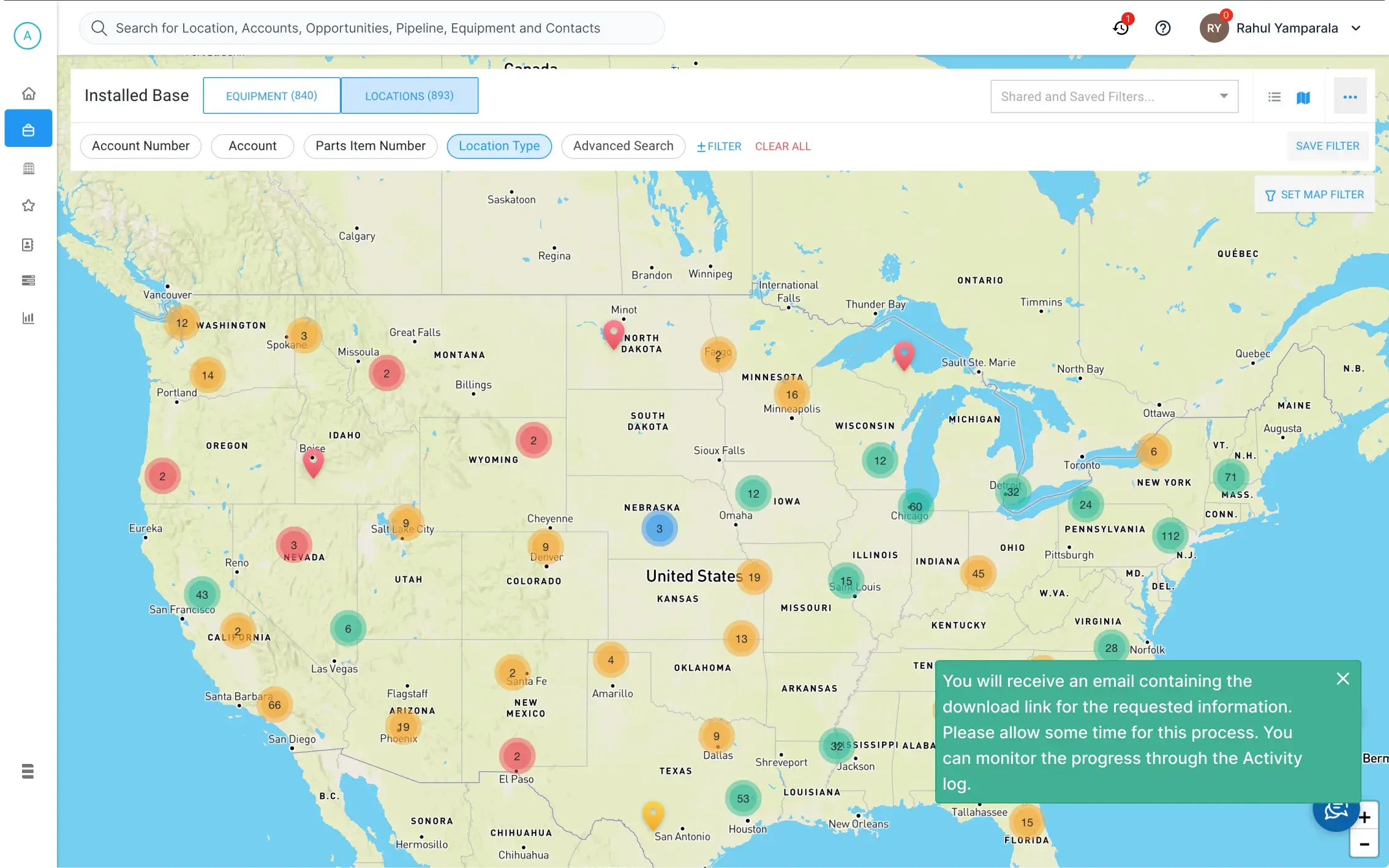 The Installed Base map of 893 locations as clustered pins, with a confirmation message saying an email with the download link will follow, that it may take time, and that progress can be watched in the activity log