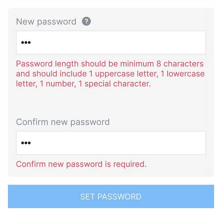 Before redesign password UI with long red validation errors and set password button