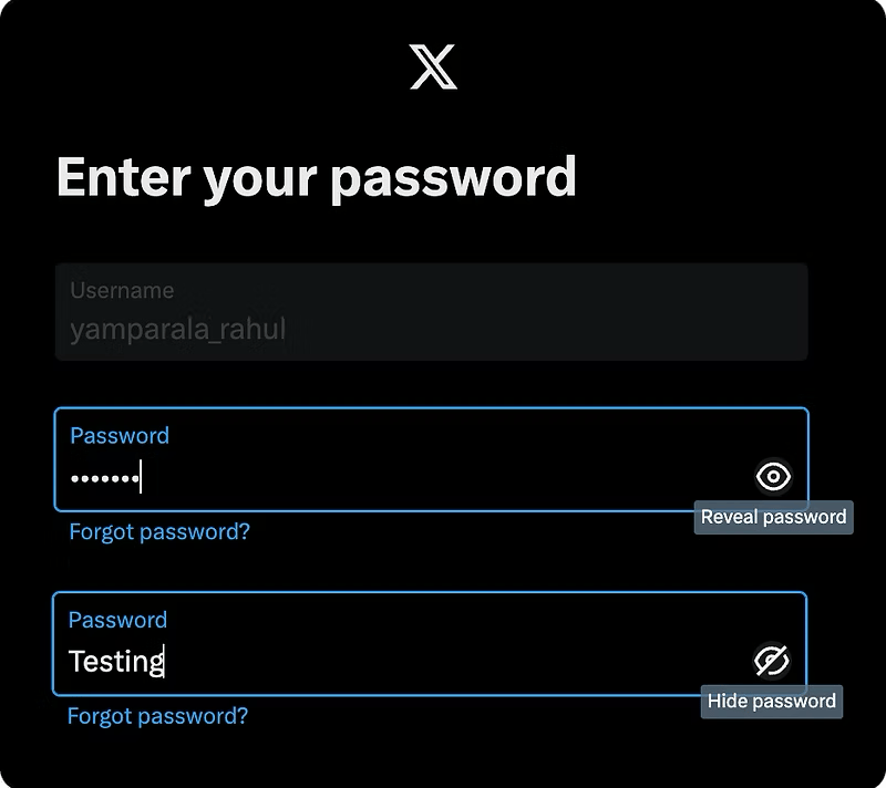 X password screen showing an open eye with a Reveal password tooltip while the password is masked