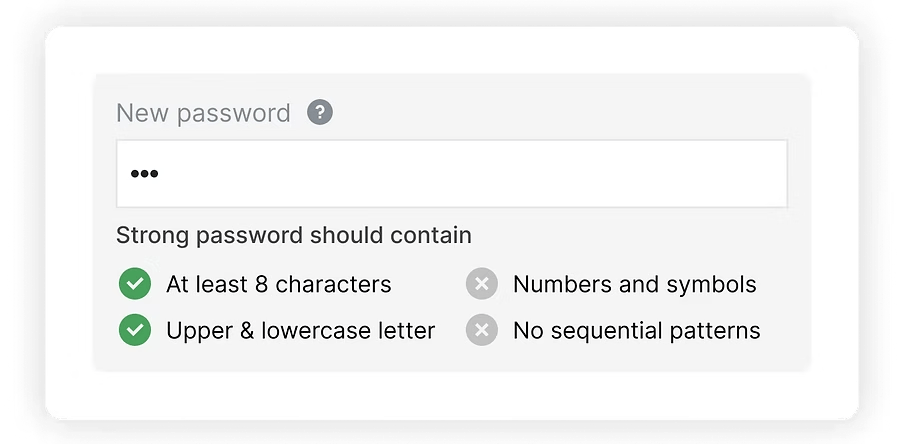 Password requirement component with two met and two unmet requirements