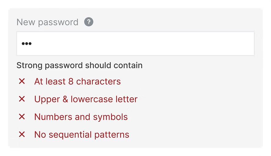 Explicit password requirements shown as a full checklist