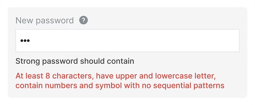 Implicit password requirements shown as a single red sentence