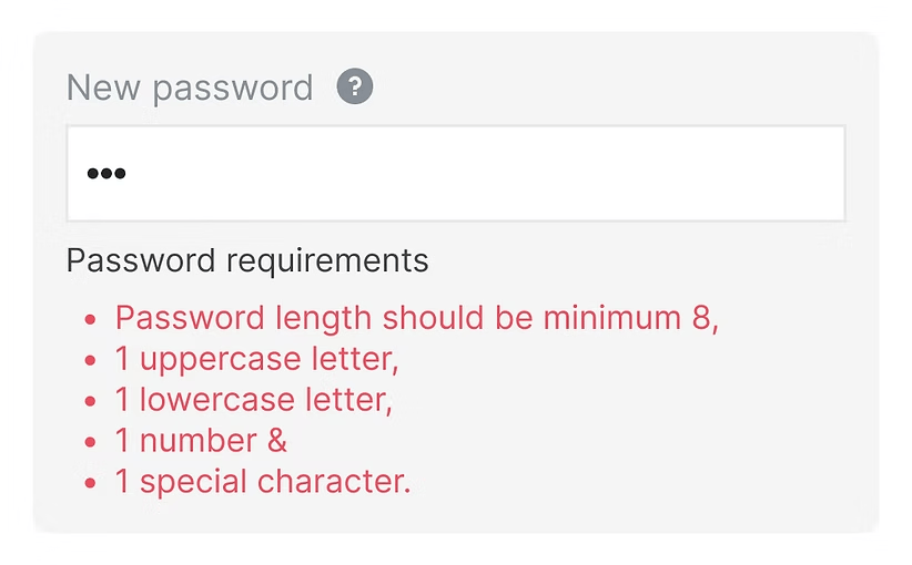 Password requirements shown as a visible list under the password field