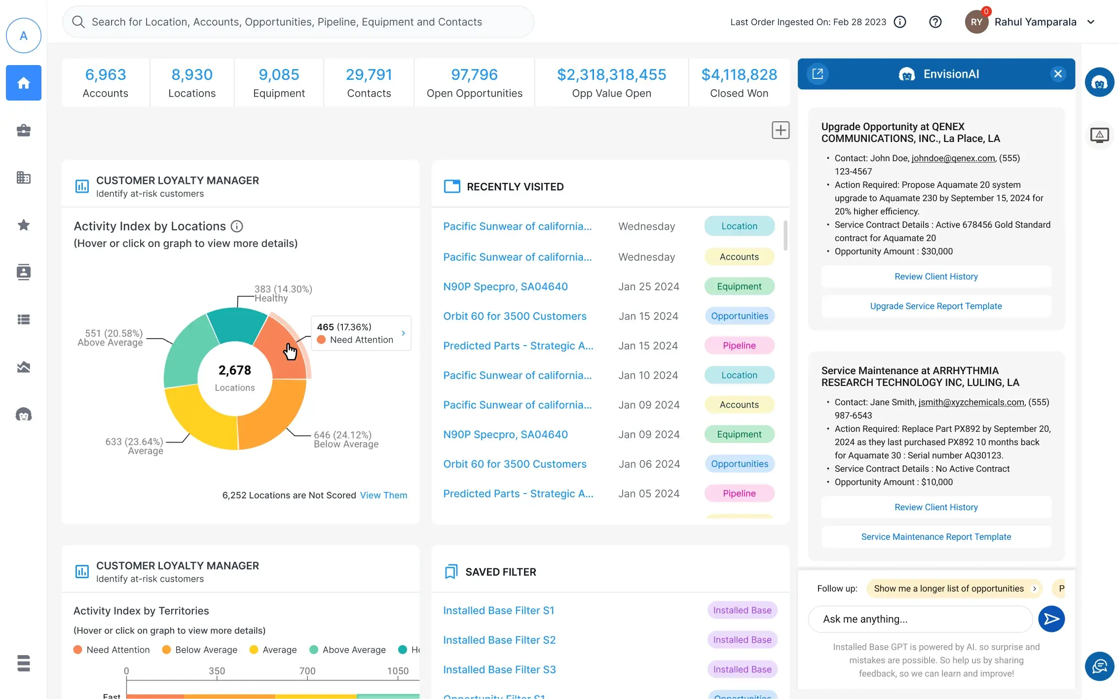 The assistant panel open beside the home dashboard, presenting two upgrade and maintenance opportunities as named fields for contact, action required, service contract details and opportunity amount, each with review and report template actions, above follow up suggestions and an ask me anything box